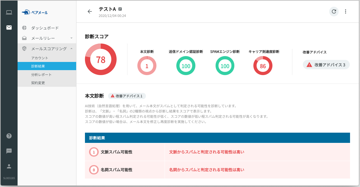 ベアメール 迷惑メールスコアリングの診断結果画面キャプチャ