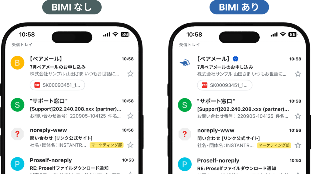 メール受信トレイの表示比較画像。左側は「BIMIなし」、右側は「BIMIあり」。「BIMIなし」では送信者アイコンがシンプルな文字アイコンになっているのに対し、「BIMIあり」では企業のブランドロゴが表示され、送信者名の横に青い認証マークが付いている。