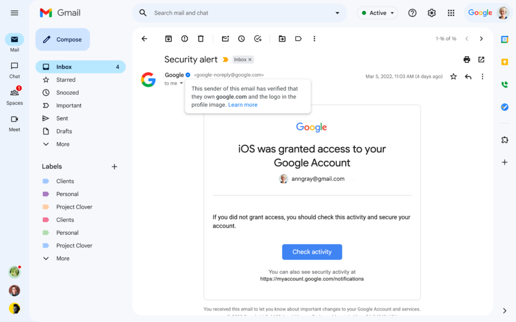 Gmailの受信メール画面キャプチャ。BIMIを導入しているドメイン名横にブルーのチェックマークアイコンが表示されている