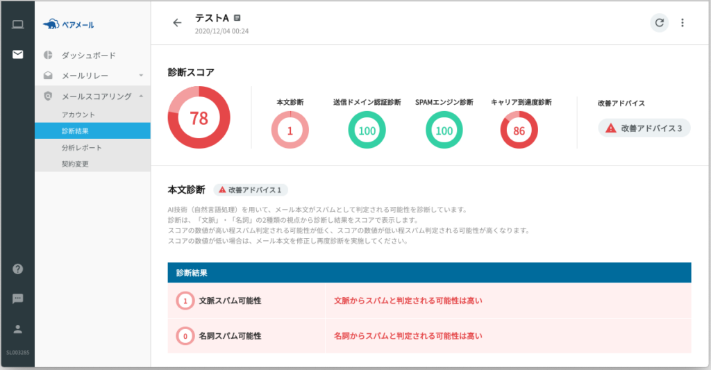 迷惑メールスコアリングの診断結果画面キャプチャ
